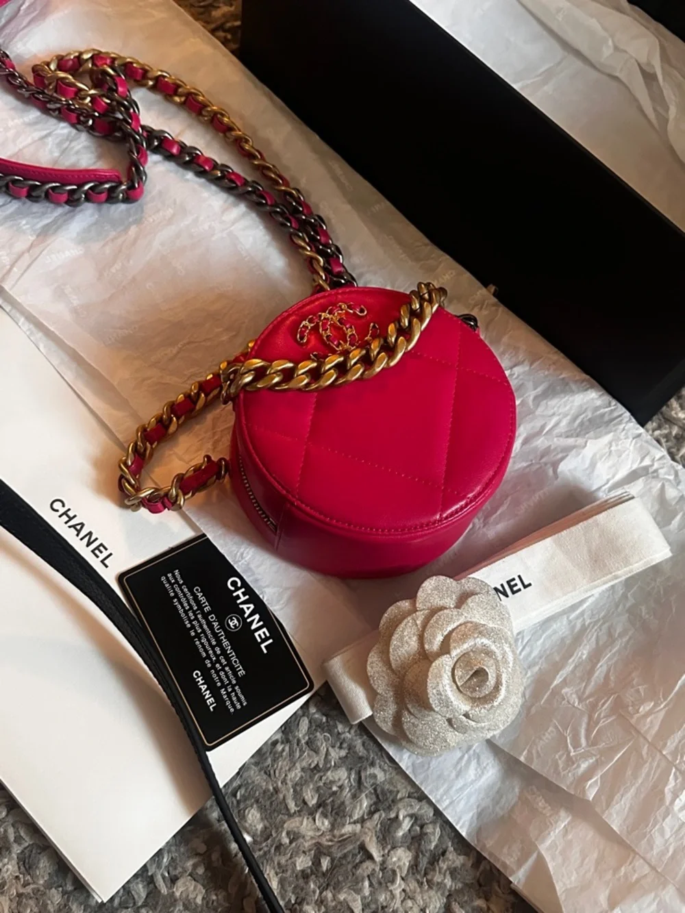 CHANEL Hot Pink Quilted Round Mini Crossbody with Gold Chain - Picture 15 of 16